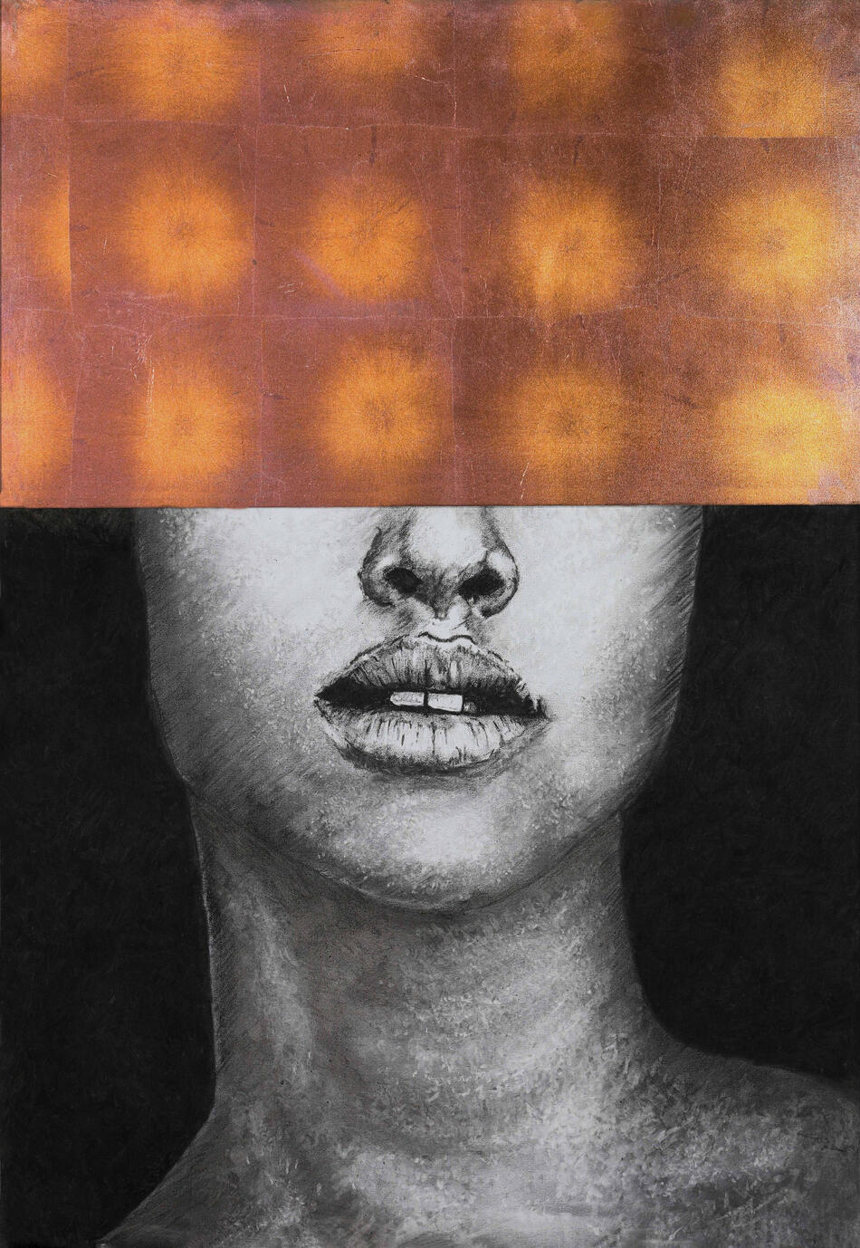 Nura, 2024 Charcoal and metal leaf on canvas 60 × 90 cm Available upon request
