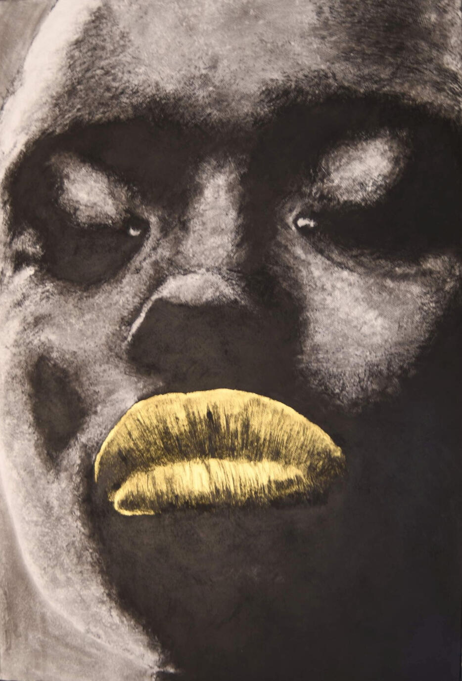 Asha, 2026 Charcoal and metal leaf on canvas 80 × 120 cm Private collection