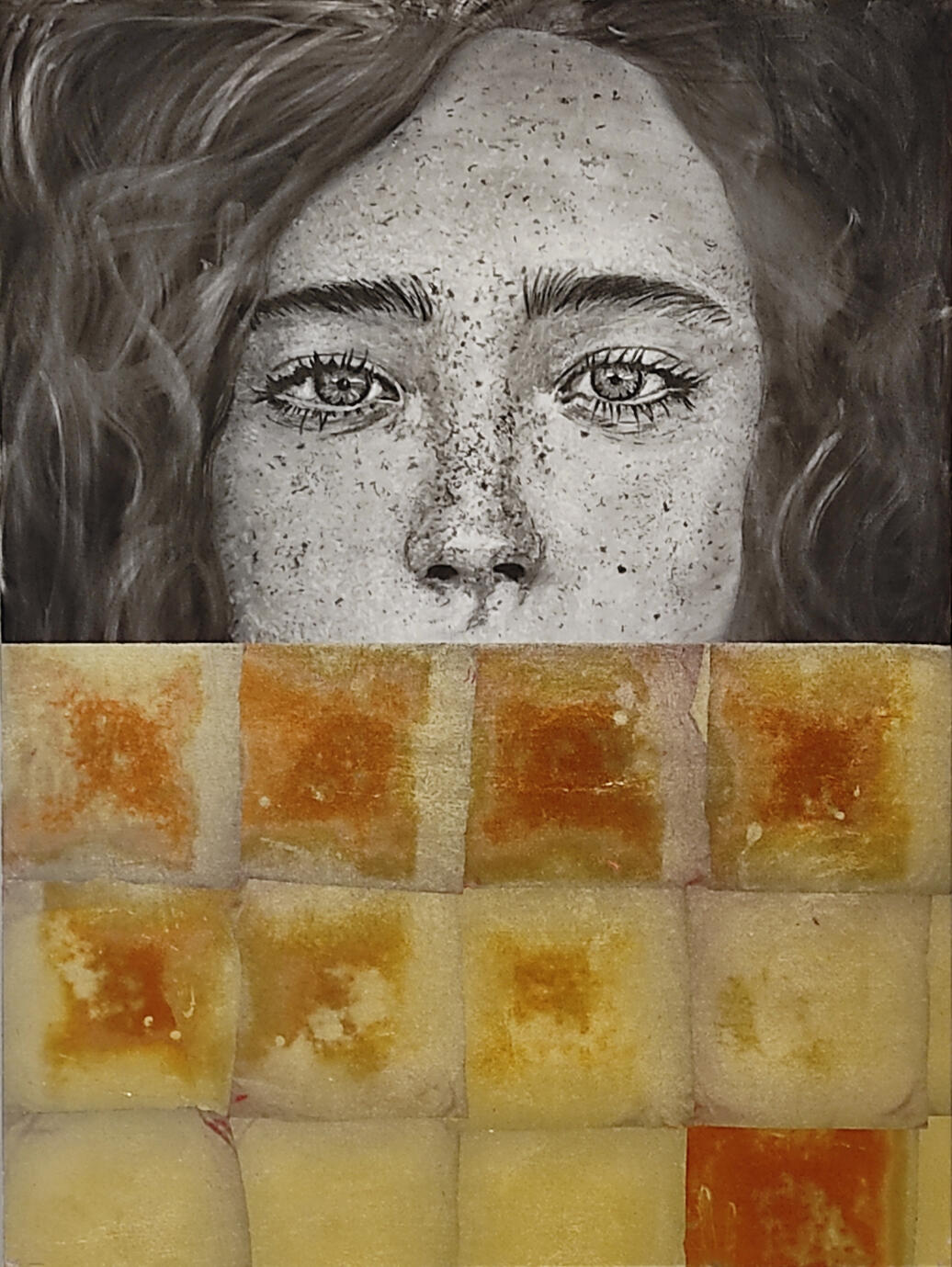 Mira, 2024 Charcoal and metal leaf on canvas 60 × 80 cm Available upon request