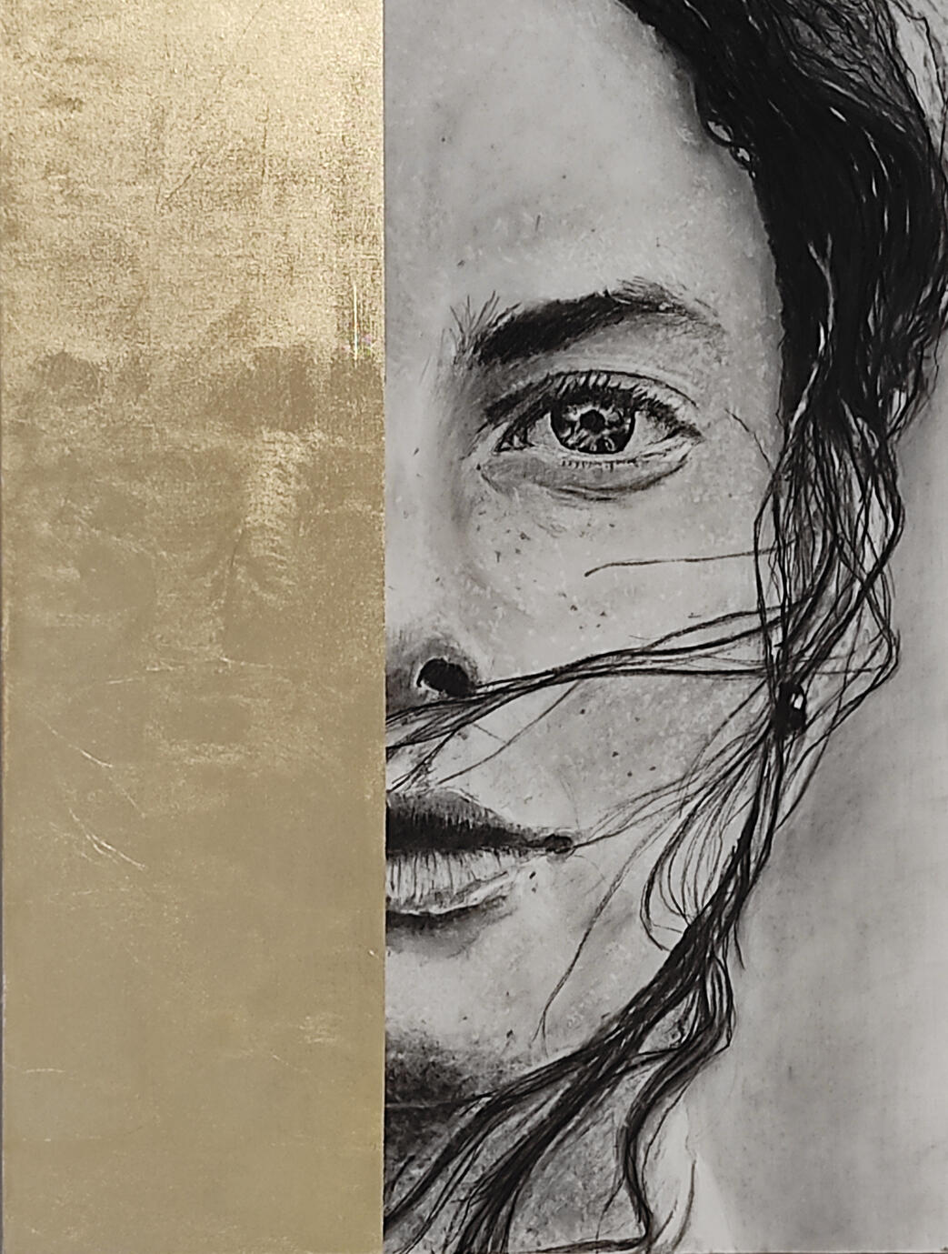 Ayla, 2024 Charcoal and metal leaf on canvas 60 × 80 cm Available upon request